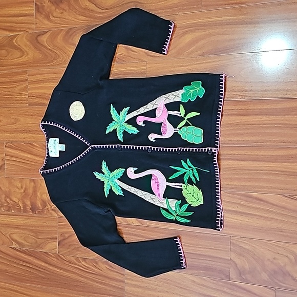 Quacker Factory Sweaters - Quacker Factory Vintage Flamingo  Cardigan Sweater Black Sz M EUC